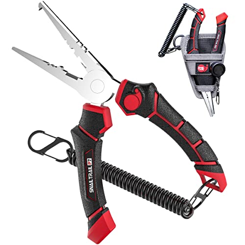 Snail Trail 7'' Split Ring Saltwater Fishing Pliers With Sheath & Lanyard, Hook Remover Gear, Fish Lip Gripper Grabber, Side Wire Cutters, Crimping Tools, Catfish Tackle Equipment #TOP4