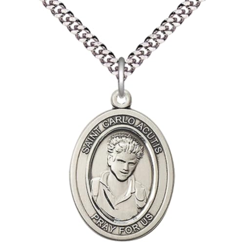 Saint Carlo Acutis Medal Necklace – Men's Pewter Pendant with 24-Inch Light Chain and Gift Box – Patron Saint of the Internet & Youth - Made in USA