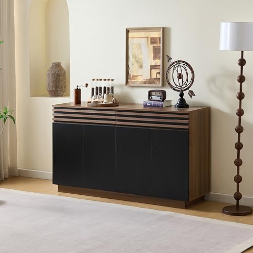 FammyLoft Sideboard Wohnzimmer mit 2 Schubladen & 4 Türen, Buffetschrank mit Brauner Holzoptik, 150×40×85cm, Modern Wohnzimmerschrank für Schlafzimmer & Flur, Schwarz+Braun