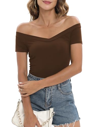 Image of Sarin Mathews Womens Shirts Off The Shoulder Tops Sexy V Neck Slim Fit Shirts Tops Blouses