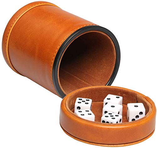 TOPTAN Kunstleder W&uuml;rfelbecher mit Deckel Enth&auml;lt 6 W&uuml;rfel, Samt Interieur Ruhig beim Sch&uuml;tteln f&uuml;r L&uuml;gner W&uuml;rfel Farkle Yahtzee Brettspiele, Braun