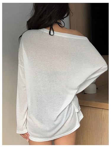 Women's Off Shoulder Swimsuit Coverup See Through Long Sleeve Bathing Suit Cover Up Beachwear3