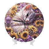 Buewutiry Orologi da parete a batteria da 25,4 cm, motivo girasole caldo che dorme, moderno, silenzioso, piccolo orologio da parete per soggiorno, bagno, cucina, ufficio, decorazione decorativa con