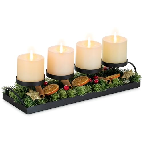 NUPTIO Corona de Adviento Alargada Arreglo de Adviento Metal: Negro Portavelas de Adviento Moderno Soporte de Corona de Adviento Bandeja de Adviento Reutilizable Portavelas Largo con Mango 42cm