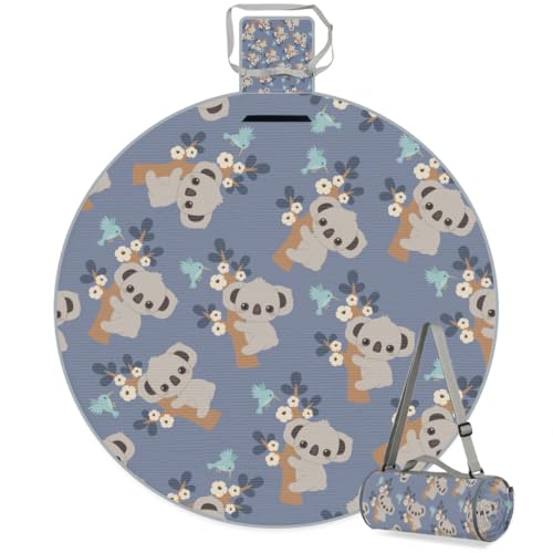Shimoshe Koala Flowers Picnic Outdoor Blanket Foldable Waterproof Sandproof Beach Blanket Portable Water-Resistant Round Picnic Mat for Travel Camping Park Lawn