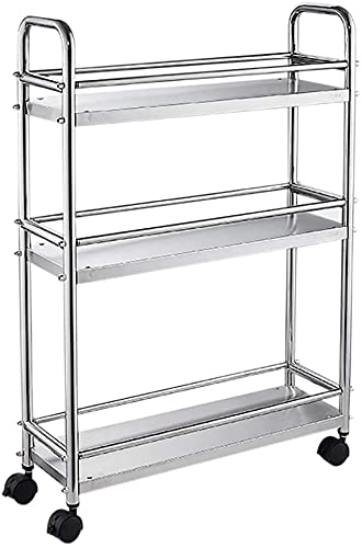 Indian Decor. 55756 Stainless Steel Kitchen Rolling Cart Storage Cart, 3-Tier Serving Trolley, Wine Cart, Storage Rack, Bookshelf on Wheel, for Dining Room Bathroom(Silver)