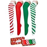 Christmas Knee High Socks - Red Green Striped Thigh High Socks for Women Teens, 4 Pack