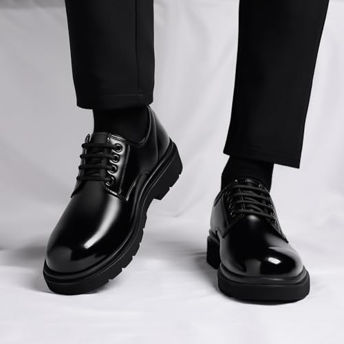 Image of Men's Vintage Leather Lace Up Platform Oxfords Shoes Black Round Toe Soft Rubber Sole Non-Slip Waterproof Business Formal Derby Dress Shoes