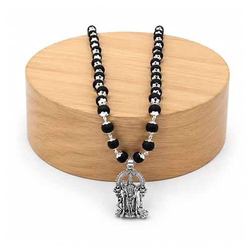 Image of Karungali Malai 8mm Certified with Divine Lord Murugan Pendant Silver Plated Original | 54 Beads Authentic Black Ebony Wood Mala with German Silver Cap for Men & Women | Spiritual Protection, Energy Balance & Daily Pooja Wear - 1 Piece