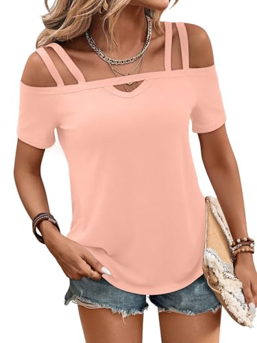 Image of Bliwov Womens Cold Shoulder Tops Short Sleeve Cute Sexy Summer Spring Beach Vacation T Shirts Fashion Outfits Basic Clothes