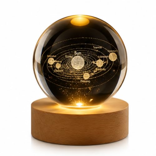 Image of Crystal Ball Night Light with Wooden Base, 3D Crystal Ball Night Lamp Touch Control LED Lamp, Bed Side Table Lamps for Bedroom, Table Lamp for Study Room, Home Decoration Items (Solar System)