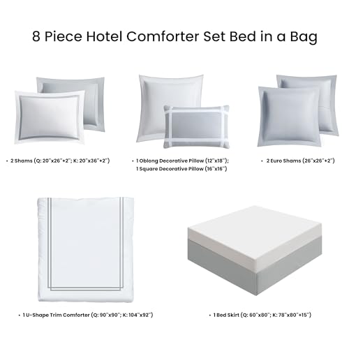 SHALALA White Lightweight Comforter Queen Size,8-Piece Hotel Queen Comforter Bedding Sets with Matching Bed Skirt, Pillow Shams, Decorative Pillows,Thin Comforter Bed Sets for All Seasons