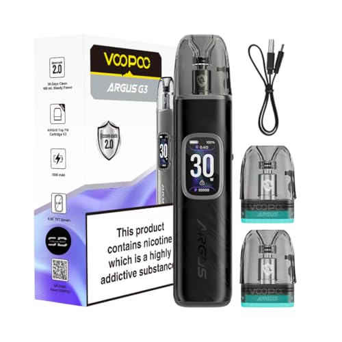 Voopoo Argus G3 Vape Kit (Midnight Black) - 9 Colours to choose from - 45 Min Fast Charge 30W /1500mAH Compatible will all Argus Pods - No Nicotine (Midnight Black)