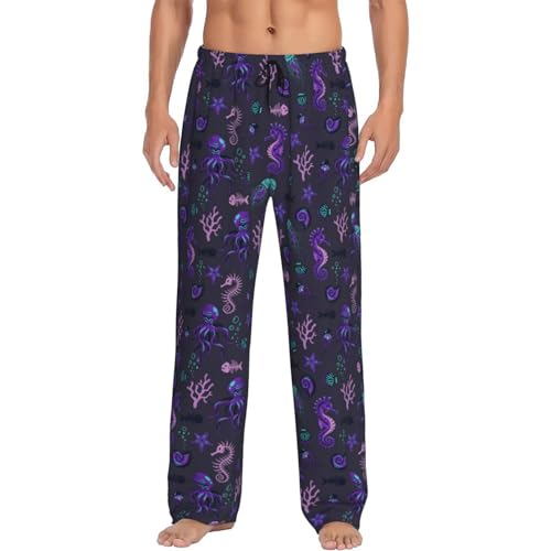 Pajama Pants Men - Octopus Seahorse Jellyfish Purple Men's Pajama Bottoms, Mens Cotton Pajama Pants