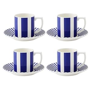 Spode Steccato Collection Espresso Cups and Saucer Set of 4, Bold Stripes, 3 Ounce Demitasse Cups, Ceramic Cup and Sauce Gift Set, Dishwasher Safe, Made in England