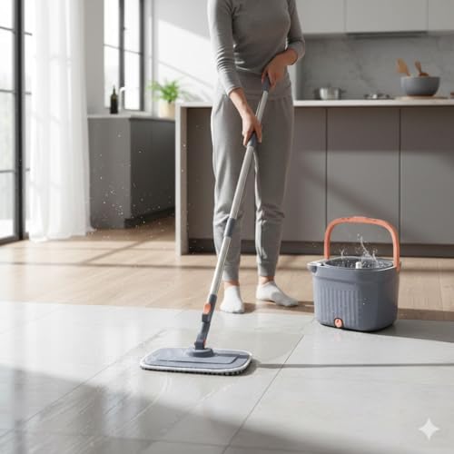 Image of R Runilex 360 Rotating Square Bucket Mop with Adjustable Handle Reusable Microfiber Pads for Wet & Dry Glass, Wall, Tile and Home Floor Cleaning - Grey and Orange