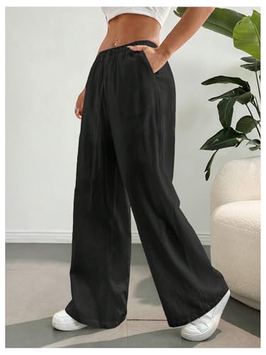 Image of SHENHE Girl's Linen Low Waisted Drawstring Button Front Loose Long Pants Casual Boho Trousers