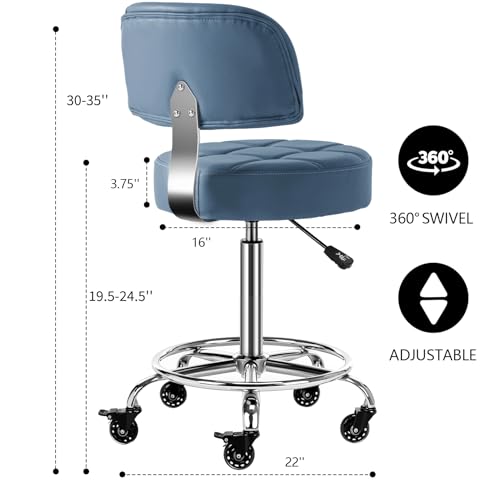 Image of Lockable Stool with Back and Foot Rest Ergonomic Rolling Hydraulic Adjustable Stool for Doctor Esthetician Artist Home Small Office Desk (Blue, 19.5''-24.5'')