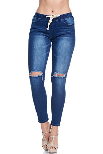 American Bazi Women's Knee Slit Skinny Denim Joggers RJJ834 - Dark Blue - X-Large - CC6G