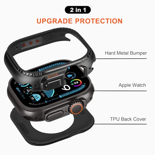 Protective Case Compatible with Apple Watch Series 9/8/7 45 mm Case, Robust Metal Case with Back Frame for iWatch 9/8/7 45 mm, Black