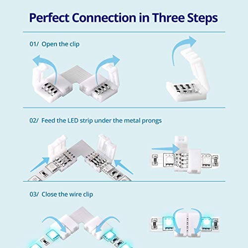 Jin&Bao LED Strip Light Connectors 40Packs, 10mm Unwired 4 Pin 5050 RGB LED Light Strips Connectors kit, Gapless Connectors, Corner Connectors for Multicolor LED Strip 5V 12V 24V