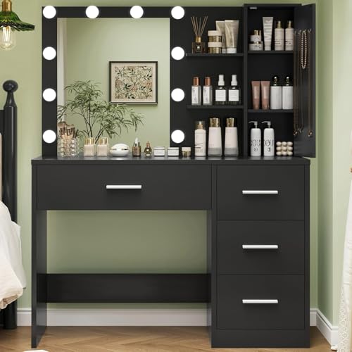 FIONESO Vanity Desk with Mirror and Lights, Makeup Vanity with 4 Drawers, Cabinet & 4 Necklace Hooks, 3 Lighting Modes & Adjustable Brightness, Vanity for Girls,Black