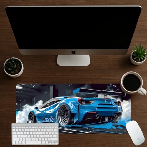 Image of Moto Edition Desk Mat 23x11 Inch - Racing-Themed Keyboard & Mouse Pad for Office, Home & Gaming | Non-Slip Rubber Base, Waterproof Surface, Supercar & Bike Inspired Table Mat (Blue Drift)
