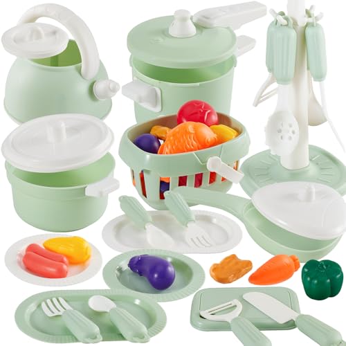 TOEY PLAY Juguetes de Cocina para Niños Accesorios, Alimentos Juguete Utensilios de Cocina Ollas y Sartenes, Cocinita Infantil Regalo para Niños Niñas