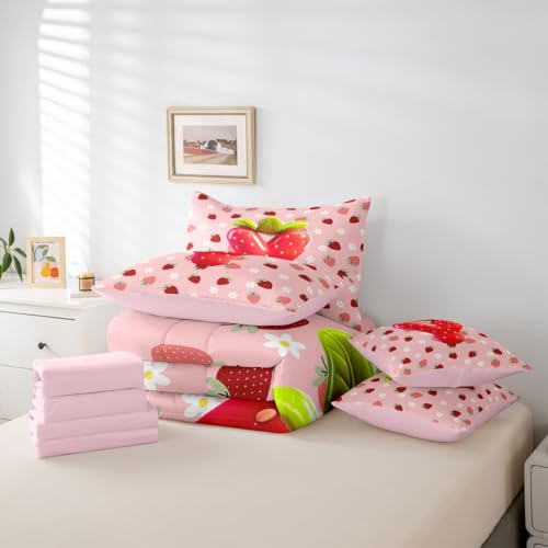 Image of Feelyou Girls Strawberry Comforter Set with Sheets 7 Piece Full Size Pink Strawberry Bedding Set for Kids Boys Girls Initial Letter Y Bed in a Bag Room Decor Soft Lightweight Microfiber