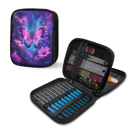 Image of Purple Butterfly Crochet Hook Case Portable Floral Crochet Storage Organizer with Web Pockets for Hooks, Knitting Needles,Knitting Supplies