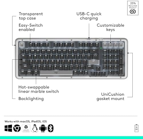 Logitech Alto Keys K98M Wireless Mechanical Keyboard, 98-Key Layout, Hot-Swappable Switches, Gasket Mount, Multi-Device Bluetooth, White Backlight, Graphite 5