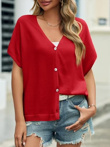 Image of Saodimallsu Womens Summer Oversized Cardigans Batwing Short Sleeve Lightweight Button V Neck Casual Knit Sweater Tops