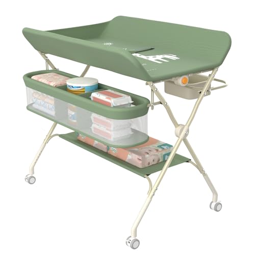MUL-BOUTIQUE Table a Langer Pliante avec Panier de Rangement,pour Nouveau-né, Charge Max 25KG,Réglable en Hauteur,Table a Langer Bebe avec roulettes,80 * 73 * 86-94 cm (Vert)