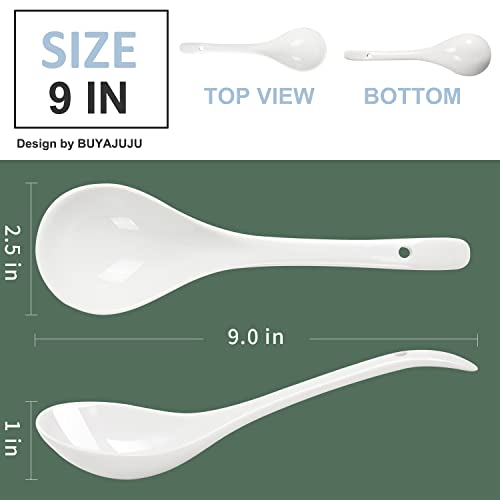 Image of Buyajuju 6-Piece Porcelain Asian Soup Spoons, 9 Inch, White, Japanese Style, Dishwasher Safe