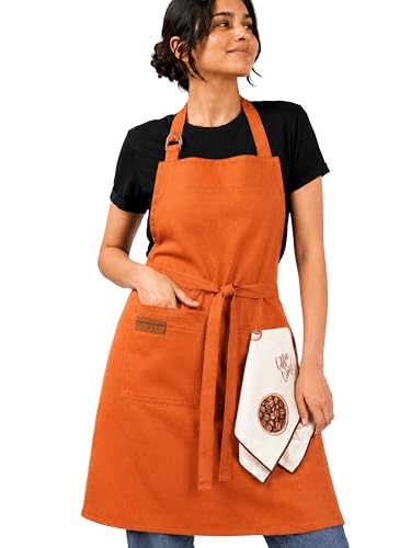 Image of Kitchen Apron - 100% Cotton, Adjustable Neck strap, Large Pocket - Unisex Apron for Men & Women - Cooking, Baking, BBQ, Gardening - Solid Colours, Striped and Checkered Patterns