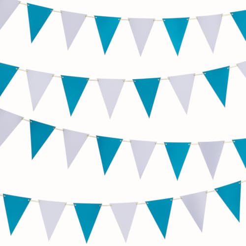 Image of MOWO Blue White Pennant Banner Paper Bunting, Pack of 30, 20 feet