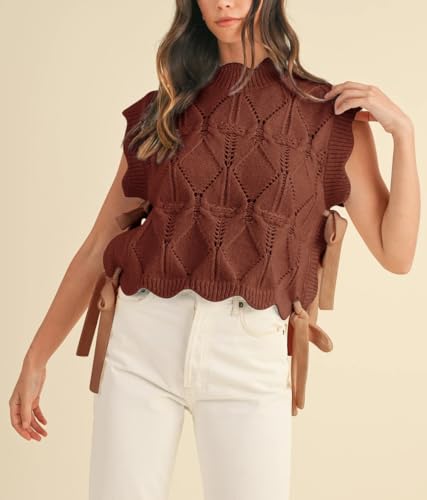 Image of Women Side Tie Sweater Vest Scallop Trim Mock Neck Knit Vest Bow Lace Up Ribbon Sweater Tank Top Knitwear