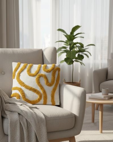 Image of Furnistitchs Premium Decorative Throw Cushion Pillow Cover Boho Home Decor - Living Room Bedroom Couch Sofa Cushion Covers 16 inch x 16 inch (1, Mustard Zigzag)