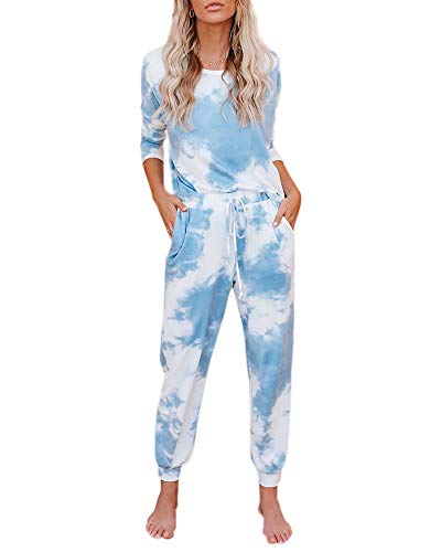 Geckatte Womens Tie Dye Long Sleeve Sleepwear Loose Casual Soft Lounge Wear Pajamas Sets Blue