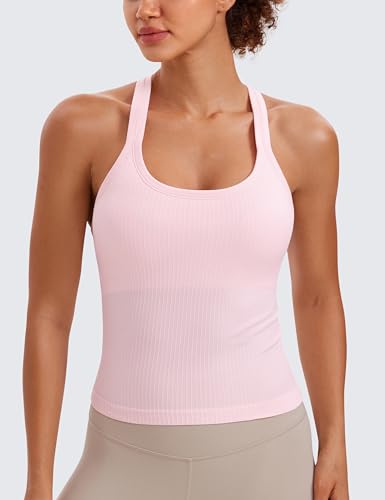 Image of CRZ YOGA Seamless Rib Racerback Tank Tops | Light Support, Built in Bra, Removable Pads, Yoga, Ribbed, High Neck, for Women
