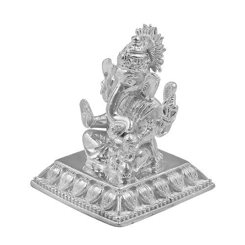 Image of MAA SILVER Pure Silver Ganesha Ganpati ji BIS Hallmarked Solid Idol /Murti with Designer Square Base Paat Perfect for Gifting & Pooja Use (925 Purity)(60 Grams Silver)