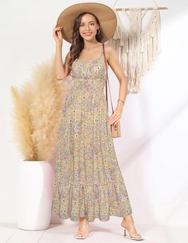Image of GRACE KARIN Summer Dresses for Women 2026 Vacation,Smocked Floral Maxi Dress,Boho Beach Sundress with Pocket Fashion Clothing