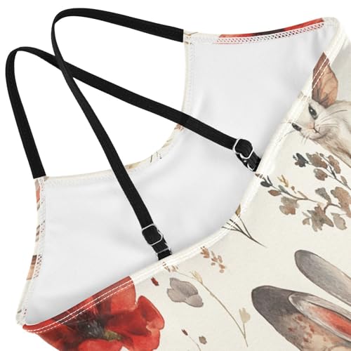 Pigsaly Girls One Piece Swimsuits Watercolor Red Flower Butterfly White Rabbit Kids Cross Back Swimwear Bathing Suit 3T4