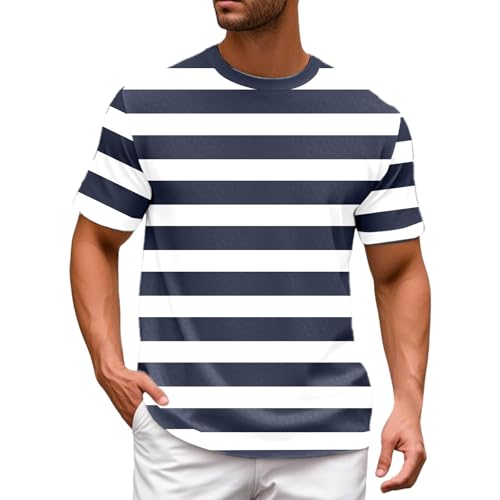 Camiseta de Rayas marineras Azul Marino para Hombre, Manga Corta, Cuello Redondo, Estilo Informal y Holgado, Ideal para Looks veraniegos con inspiración náutica.