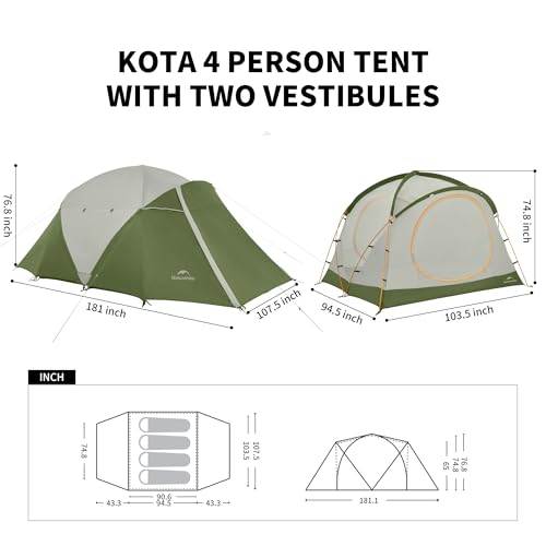 Image of Naturehike KOTA 4 /6 /8 Person Camping Tent, Double Layer Waterproof 4 Person 6 Person 8 Person Tents for Camping, Large and Tall Family Tent with Vestibules Porch