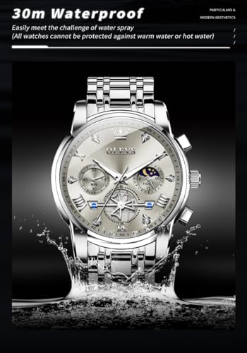 Image of OLEVS Men Skeleton Watches Stainless Steel Analog Quartz Moon Phase Male Watch, Diamond Multi Calendar Chronograph Watch,Waterproof Wrist Watch for Men