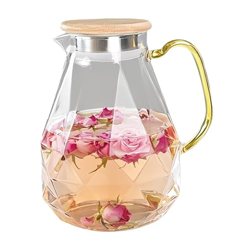Image of Glass Jug with Lid - 2.2 L Drinks Container - Diamond Design with Large Handle | Fridge Cold for Tea and Juice for Serving Guests for Homeowners, Elegant Kitchen Drinkware