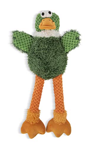 Image of goDog Checkers Skinny Duck Squeaky Plush Dog Toy, Chew Guard Technology - Green, Small