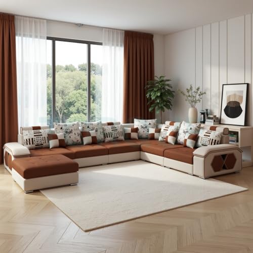 Image of Silvester 12 Seater Sofa Set for Living Room (Beige-Brown) | Interchangeable U Shape Sectional Sofa | Solid Wood Frame & High-Density Supersoft Foam | Includes Puffy & Stool | Modern Home Furniture