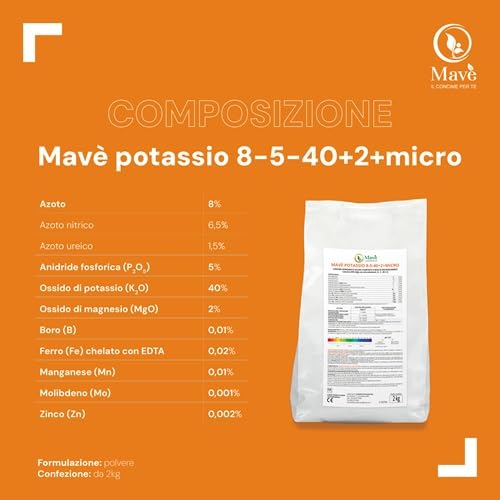 Concime fogliare 8 5 40 Mavè potassio 2 kg - stimola la maturazione ed aumenta la pezzatura dei frutti - fertilizzante NPK per piante